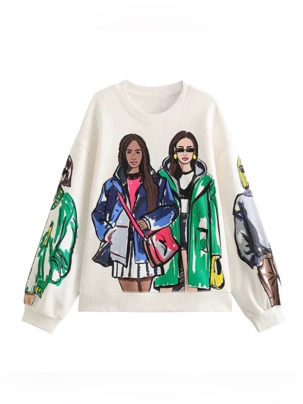 Graphic Crewneck Sweatshirt - White with Multicolor Illustration